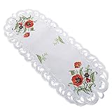 100% Polyester Tischdecke Roter Klatschmohn Stickerei Tischläufer Oval Polyester Creme weiß (40x90 cm)
