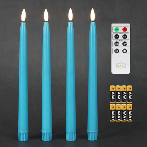 Fanna Flameless Taper Candles with Timer, Battery Operated Candles Real Wax Finished, Remote and Batteries Included - Set of 4 (Turquoise)