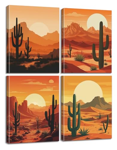 Arte de pared enmarcado con puesta de sol del desierto, juego de 4 lienzos bohemios de paisaje de cactus para decoración de sala de estar, dormitorio, decoración del suroeste