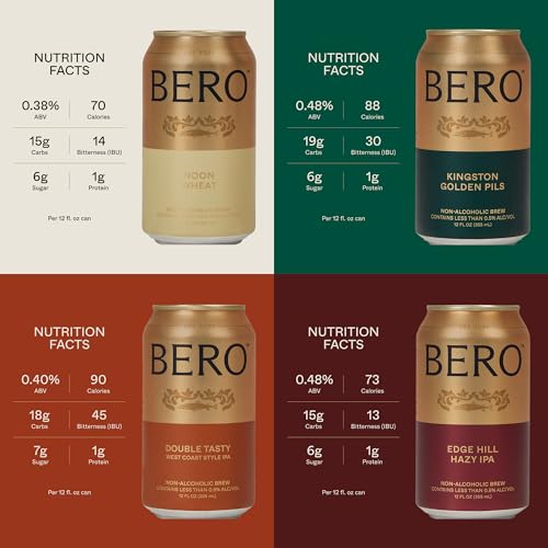 Image of BERO Non Alcoholic Beer Refreshing 4 Flavors Variety, 24 Pack x 12 Oz Cans | NA Beer by Tom Holland, Refreshing Hoppy Alcohol Alternative Beverages for Any Occasion (12oz each, Pack of 24)