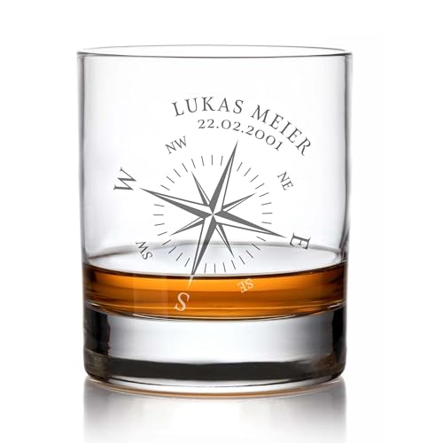AMAVEL Whiskyglas mit Gravur Kompass, Personalisierte Geschenke mit Namen und Datum, Whiskey...
