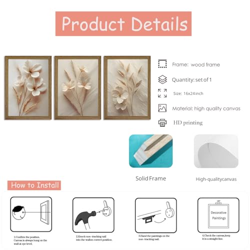 Neutral Beige Floral Canvas Wall Art Set of 3 Beige Botanical Paintings Pictures Minimalist Flower Prints Artwork for Living Room Bedroom Office 16x24 inch Wood Framed by Cymkova - Used condition - Image 3