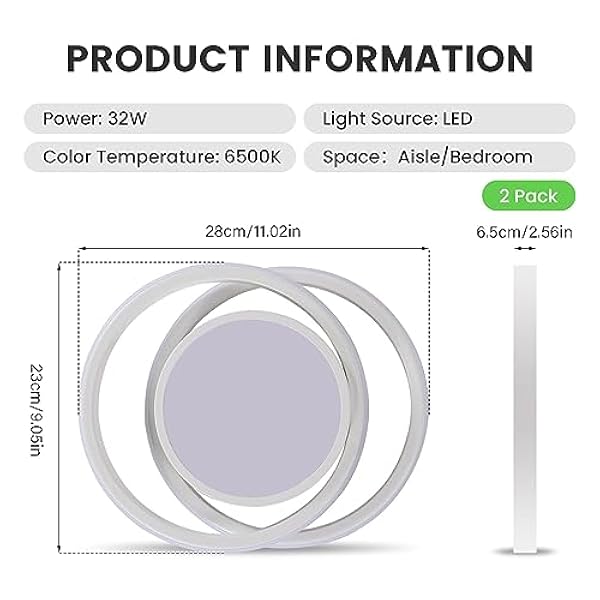 Seamoon 2 Piezas Plafón Led Techo, 32W lámpara de techo modernas Blanco Frío 6500K, Luz de Techo redondo doble para Cocina Dormitorio Balcón Pasillo Habitacion Comedor, Diá. 28cm