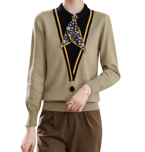 Image of LAI MENG FIVE CATS Women's Fall Tie Neck Sweater Shirt Long Sleeve Patchwork Knit Retro Pullover Tops