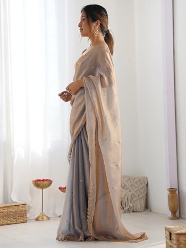 Image of AKHILAM Women's Shimmer Tissue Embroidered Saree With Unstitched Blouse Piece
