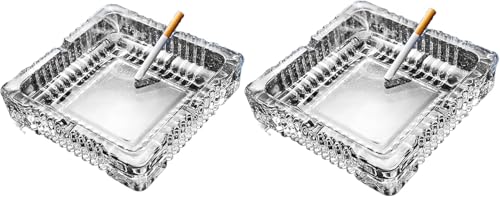 SIDSONS Glass Ashtray Square Cigarettes Cigars Crystal Cut Effect Transparent Ash Tray Glass Indoor Outdoor Home Office Tabletop Restaurant Pub Garden 15cm x 15cm 4cm Height (Medium - Pack 2)