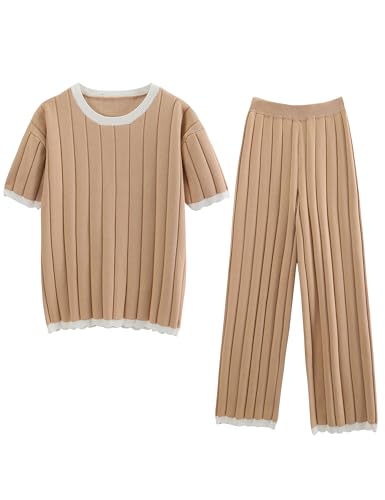 Image of Lumister Two Piece Sets for Women Sweater Sets Short Sleeve Knit Pullover Tops Wide Leg Pants Lounge Sets