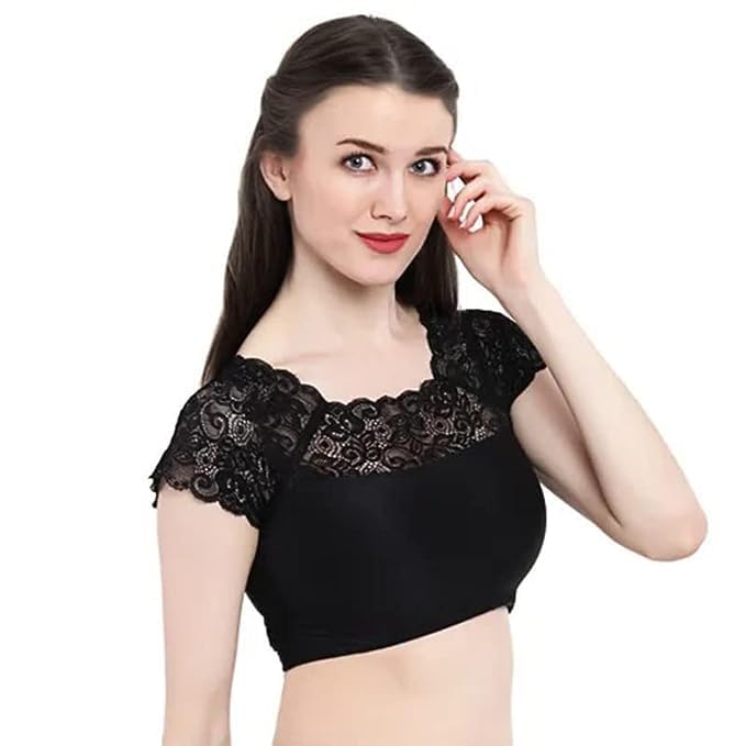 Short Sleeve Round Neck Readymade Lace Net Blouse for Women & Girls Blue-picture-20