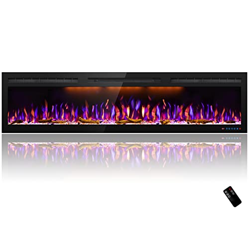 Mystflame 72 Inch Electric Fireplace - Ultra Slim Frame - In Wall Recessed & Wall Mounted - Multicolor Flame - Log & Crystal Hearth - 1500/750 Watt Heater - Remote Control & Touch Screen- Timer #TOP2