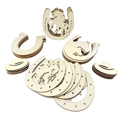 Honbay 36Pcs Unfinished Cowboy Wooden Cutouts Blank Horseshoe And Hat Wood Discs Slices For Western Cowboy Cowgirl Party Decorations Diy Craft (5 Style) #TOP3