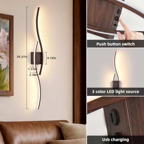 Image of Battery Powered Wall Sconces Set of 2, Walnut 39.4 inch LED Dimmable Wall Sconce with Remote Control /Timer /Memory, USB Rechargeable Wall Lights for Living Room Bedroom Hallway