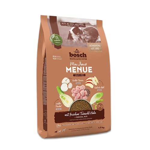 Bosch HPC MENUE Mini Junior mit Tierwohl-Huhn| Hundetrockenfutter zur Aufzucht Kleiner Rassen | 1 x 2,4 kg