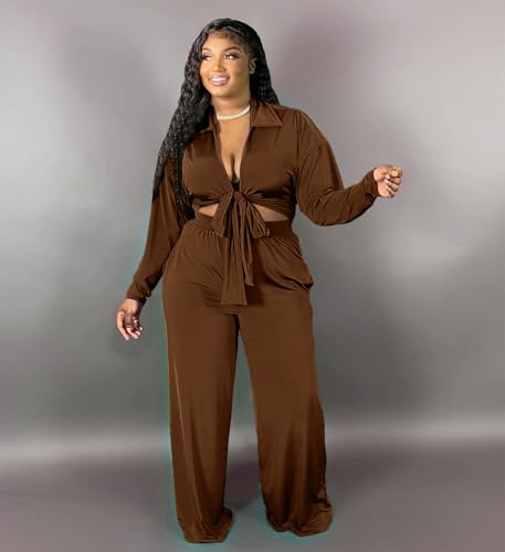 2 Piece Outfits for Women Sexy V Neck Print Shirts Tie Knot Batwing Blouses Crop Top Wide Leg Pants Set2