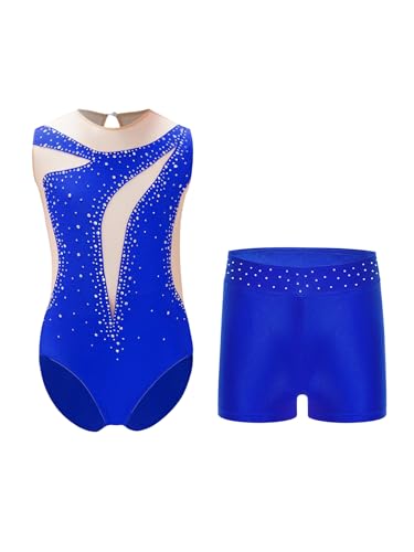 Xnihocha Maillot de gimnasia para niños y niñas, con estrás, incluye pantalones cortos para patinaje artístico, danza, azul, 158/164 cm