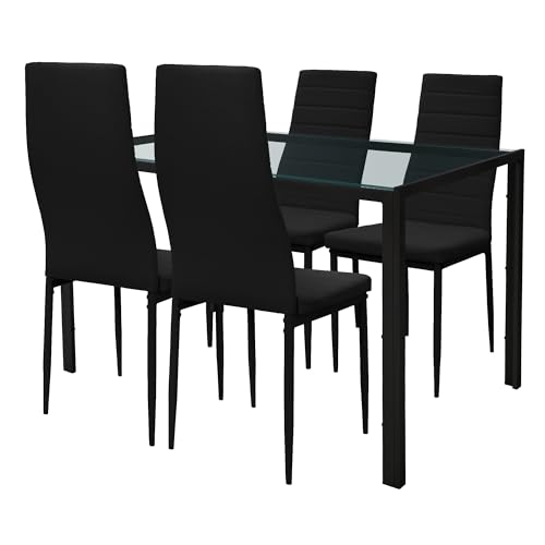 ML-Design Juego de Comedor 5 Piezas en Color Negro Compuesto por 4X Sillas de Comedor de Polipiel con Respaldo y 1x Mesa con Tapa de Cristal Set de Muebles Moderno Adecuado para Salón/Cocina
