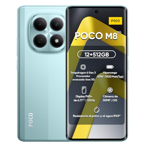 XIAOMI POCO M8 5G,Pantalla Flow AMOLED 6.77", Snapdragon® 6 Gen 3, Batería 5520 mAh, Cámara Dual AI 50 MP, Desbloqueado (Verde, 512, GB, GB, 12)
