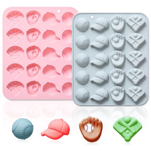 Paquete de 2 moldes de silicona con temática de béisbol, 20 cavidades 3D para gorra de béisbol, guante de campo de silicona, bandeja de fondant, herramientas de horneado para chocolate, caramelos,