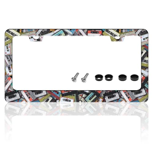 Cassette Music Tape License Plate Frame Funny Vintage Music Tape License Plate Holder for Front or Rear Car Tags Stainless Steel Car Decoration with Screws 6.3 X 12.2 in
