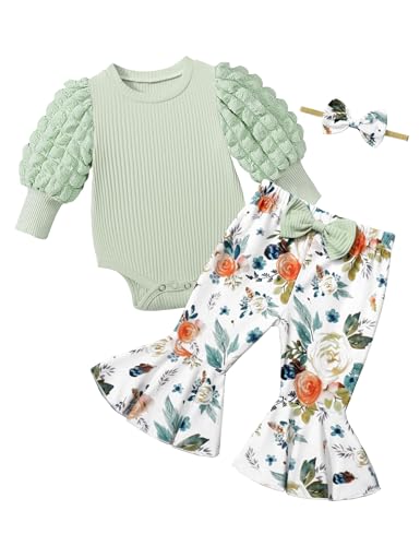 Image of NAPU Baby Girl Clothes Long Sleeve Romper 3Pcs Baby Girl Outfits Flare Pants Set with Headband Fall Baby Girl Winter Clothes