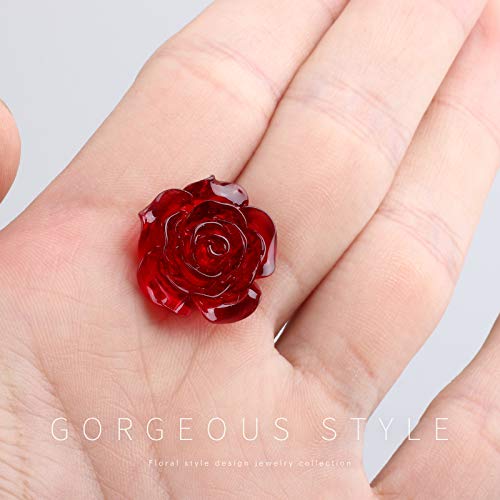 925 Sterling Silver Earrings Rose Flower, Pretty Blooming Carved Red Rose Dangle Earrings Tiny Resin Rose For Women For Teen For Mother #TOP5