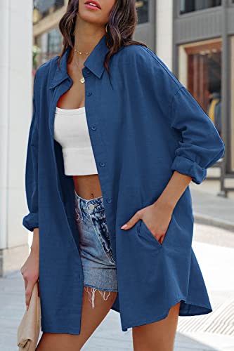 Image of FSHAOES Womens Oversized Button Down Shirts Casual Loose Long Sleeve Solid Lapel Long Blouses Tops with Pockets