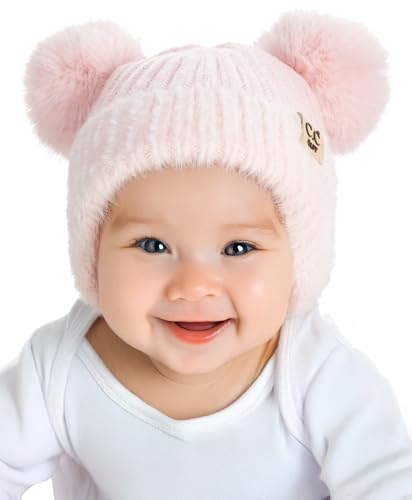 Image of Funky Junque Baby Pom Pom Beanie, Warm Winter Hat for Infants and Toddlers, Chenille Double Pom Poms for Baby Girls & Boys