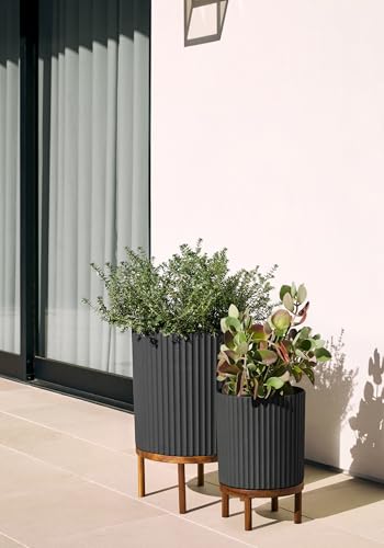 Image of Veradek Demi Series Raised Duo Planters - Set of 2 Planters with Stands | Made From a Durable Plastic-Stone Composite & Comes With Wooden Stand. Modern Porch /Patio Decor