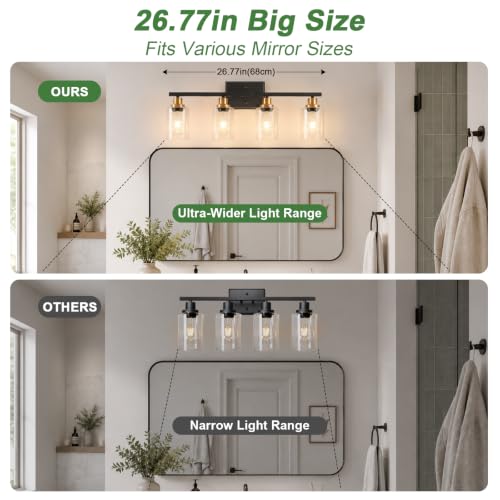 Image of Ascher Bathroom Light Fixtures, 4-Light Vanity Lights with Clear Glass Shade, Modern Black and Gold Wall Light for Mirror Bedroom Hallway Cabinet Porch