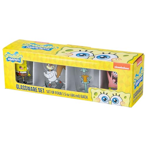 Image of Silver Buffalo SpongeBob SquarePants 4 Piece Mini Glass Set Featuring Patrick Star, SpongeBob SquarePants, Squidward, and Sandy Cheeks, 1.5 Ounces