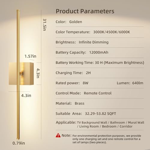 Image of 12000mAh Battery Operated Wall Sconces with Remote Control,31.5 inch Rechargeable Wall Sconce Set of 2, 350Rotate Dimmable LED Wall Lights, 3000-6000K, for Living Room，Bedroom, Hallway