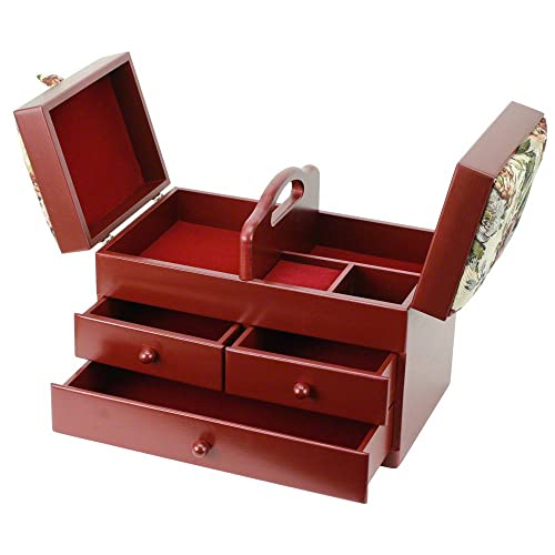 Classic Expanding Wood Sewing Box Basket Storage Caddy With Tapestry Padded Lid, 2X3 Tiers With Easy Carrying Handle, Red #TOP3