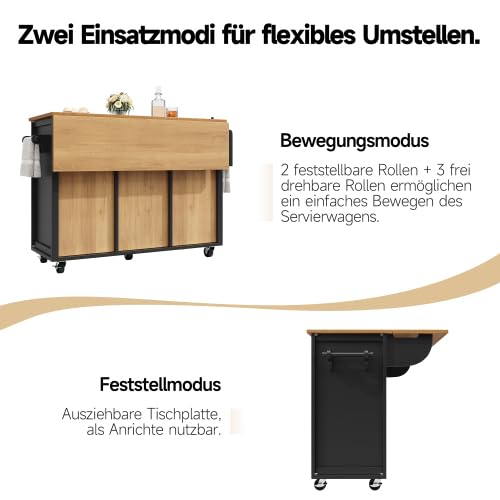 Kücheninsel 138x73(45) x93 cm Schwarz, Ausklappbarer Arbeitsplatte, 4 Schubladen & 4 Rollen, Gewürzregal & Handtuchhalter, Küchenschrank Buffetschrank, MDF & Metall für Kleine Küchen