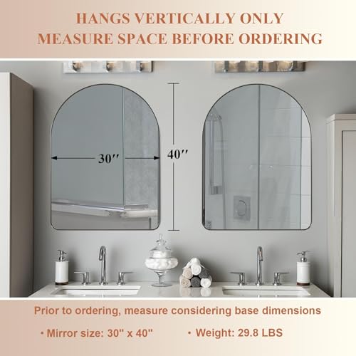 Image of ANDY STAR 30 x 40 Inch Arched Mirror, Brushed Nickle Bathroom Mirror in Stainless Steel Metal Frame, Arch Top Rounded Corner 1 Inch Deep Set Design Wall Mount Hangs Vertical