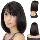 GNIMEGIL 16 Inch Medium Shoulder Length Dark Brown Wig with Bangs Natural Short Straight Hair Bobs Full Wigs For Women Drag Queen Wig Heat Resistant Synthetic Hair
