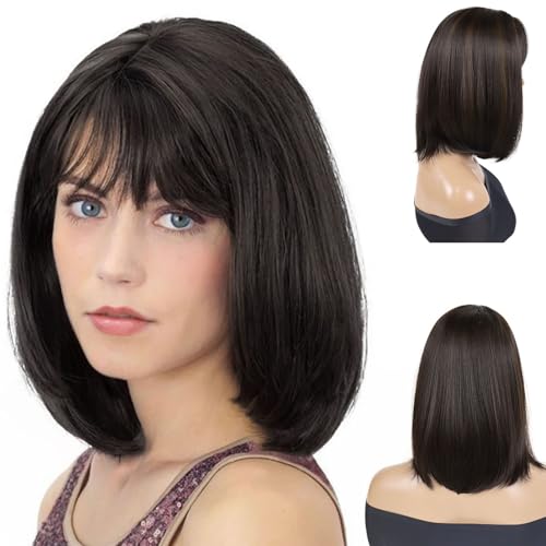 GNIMEGIL 16 Inch Medium Shoulder Length Dark Brown Wig with Bangs Natural Short Straight Hair Bobs Full Wigs For Women Drag Queen Wig Heat Resistant Synthetic Hair
