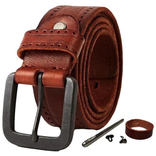 Men's Natural Leather Belt Hard Metal-Matte Buckle Leather Belt 105-150Cm Jeans Belt Screw Accessories