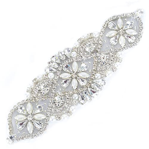 ShiDianYi Diamante Applique, Rhinestone Applique, Crystal Bridal Sash Applique Silver Bridal Rhinestone Belt in 6inch long x 2inch wide Beaded Silver Belt for Wedding Dress