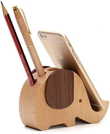 Ming-Ying Holder for Desk & Cute Gifts, Wood Elephant Pen Hotan, Wood Elephant Pen Holder Container With Phone Holder Desk Organizer 5.12 L 1.89 W3.27 H