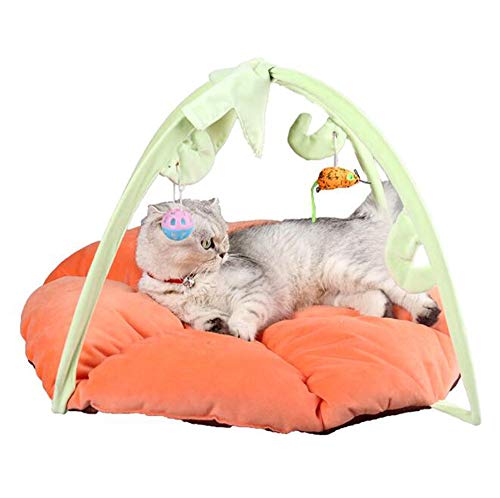 HJ 犬猫ベッド ペットベッド テント 猫用ベッド 小型犬用 おもちゃ付き ドーム ハウス マット ふわふわ 暖かい 冬 かわいい 保温 (オレンジ)