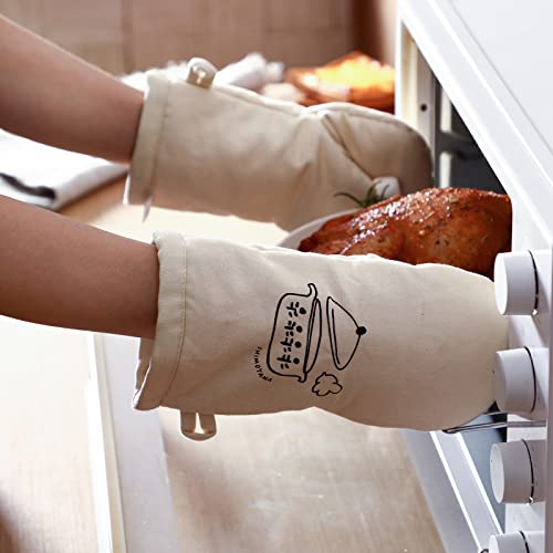 Shimoyama Oven Mitts For Small Hands Cute, Heat Resistant Kitchen Gloves, 1 Pair, Cotton Canvas Extra Long Oven Potholder Thick Non-Slip Mittens For Cooking Baking Bbq, 9.1 X 2.7 Inches, Beige #TOP6