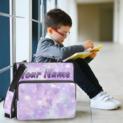 Image of Custom 3 Ring Zipper Binder Shiny Glitter Purple Butterflies Personalized Name 1.5 Inch Binders Large Capacity Multi Pockets for School Office Supplies