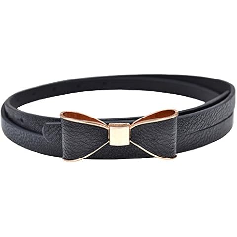BaiX Women's Cute Bowknot PU Skinny Belt Girls Dress Decorative Waistbelt Black Cover