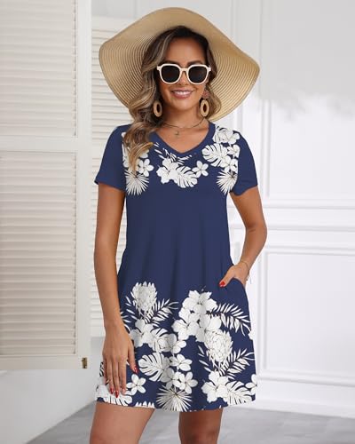 Image of COSSEN Women's Casual T Shirt Dress V-Neck Short Sleeves Swing Dresses Birthday Party Summer Travel Beach with Pocket
