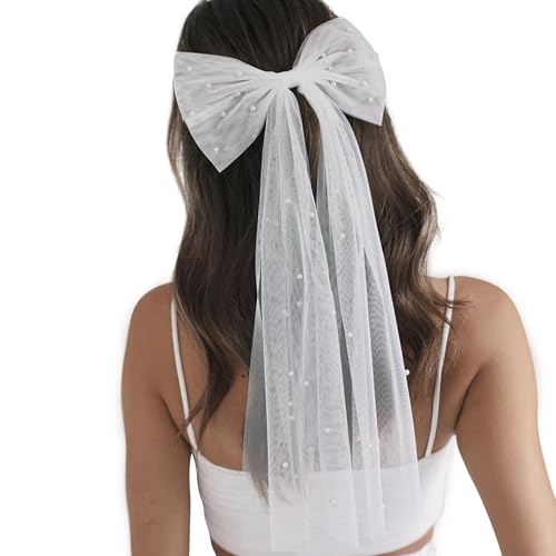 Six Stories | Pearl Bride Hair Bow | White Tulle Bridal Bow with Delicate Beaded Pearls | Large Wedding Hair Accessory with Secure Metal Clip | Perfect for Weddings, Hen Parties, Evening Receptions