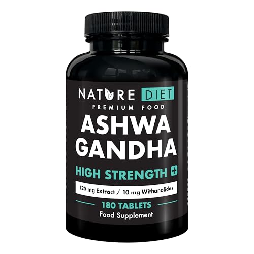 Nature Diet Ashwagandha High Strength PLUS | 125 mg de Extracto de Raíz con 10 mg de Withanólidos | 180 Tabletas Veganas | 6 Meses | Alivia Estrés, Ansiedad y Mejora el Sueño