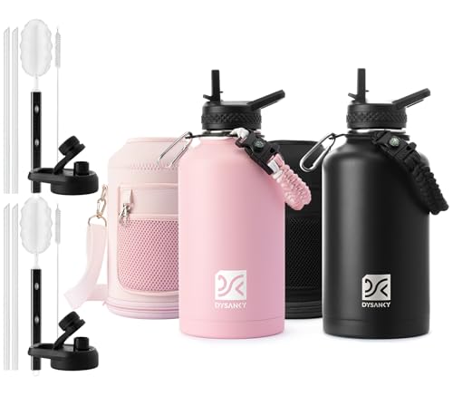 Image of DYSANKY Insulated Water Bottle 64oz with Carrier Bag and Paracord Handle Black and Pink