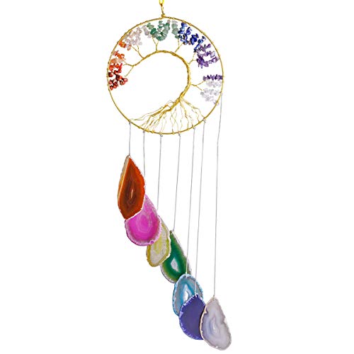 mookaitedecor 7 Chakra Crystal Tree of Life with Agate Slices Wind Chimes, Wall