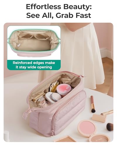 BAGSMART Makeup Bag Travel Toiletry Bag, Puffy Padded Make Up Bags for Women, Makeup Organizer Wide-open Pouch Purse, Travel Essentials for Toiletries Accessories Brushes, Camel(Brown)2