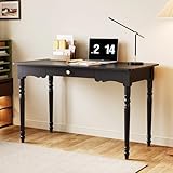 WOODTIME 47.2' W Home Office Computer Desk with Solid Wood Legs, Vintage Gaming PC Desk Study Writing Table with Drawer, Black