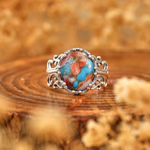 Turquoise Rings for Women 925 Sterling Silver Adjustable Ring Vintage Filigree Engagement Ring With Oval Turquoise Promise Rings for Her Birthday Jewellery Gifts Size 6-93
